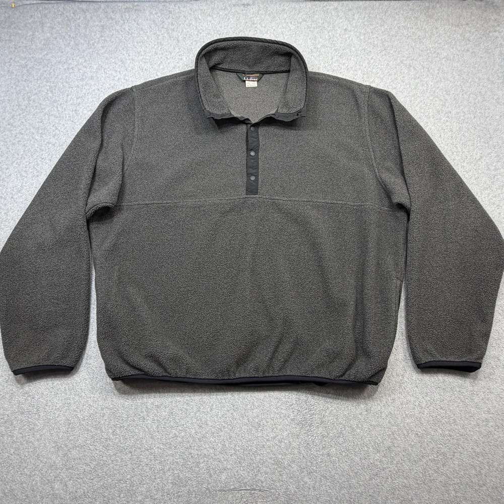 LL Bean Fleece Pullover Mens Large Gray Snap Neck Pockets Outdoor Work Casual